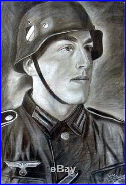 1941 Wwii German Army Luftwaffe Soldier Helmet Uniform Portrait Drawing Signed