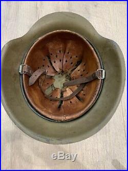 German 100% Authentic WW2 Heer Apple Green Helmet With Liner & Marked Chin Strap