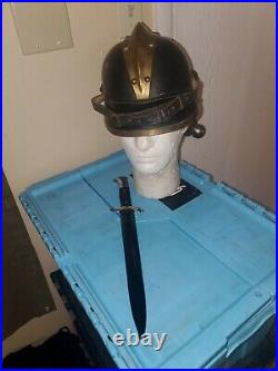 German Leather Fire Helmet With Fireman Dagger Bayonet Seitengewehr