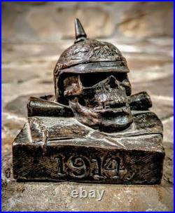 German Skull And Helmet 1914 Invasion WWI WWII Bronze Sculpture Belgium