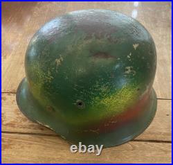 German-Style Militaria Green Camo Steel Helmet with Leather Liner, Chin Strap (54)