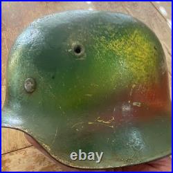 German-Style Militaria Green Camo Steel Helmet with Leather Liner, Chin Strap (54)