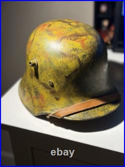 German WWI-M16 Steel Helmet, Yellow Camo Paint, Leather Liner & Chinstrap