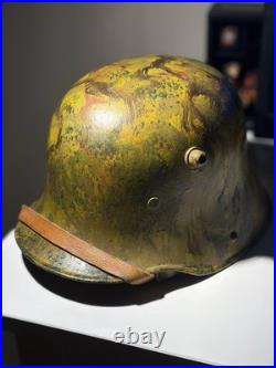 German WWI-M16 Steel Helmet, Yellow Camo Paint, Leather Liner & Chinstrap