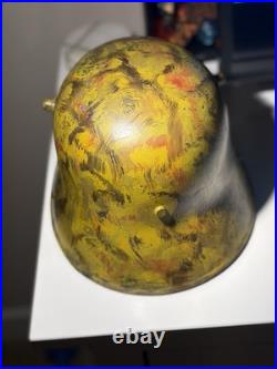 German WWI-M16 Steel Helmet, Yellow Camo Paint, Leather Liner & Chinstrap