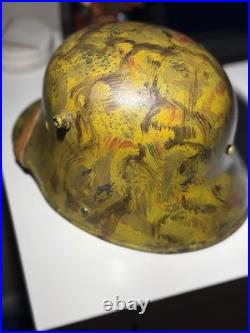 German WWI-M16 Steel Helmet, Yellow Camo Paint, Leather Liner & Chinstrap
