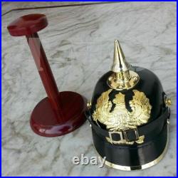 German WWI & WWII Leather Pickelhaube Bavarian World War Helmet WithWooden Stand