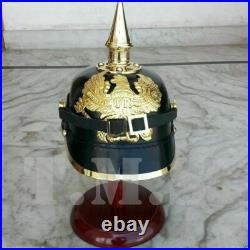 German WWI & WWII Leather Pickelhaube Bavarian World War Helmet WithWooden Stand