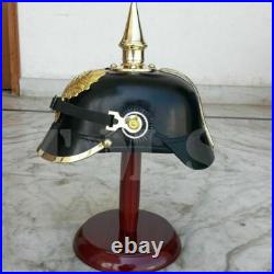 German WWI & WWII Leather Pickelhaube Bavarian World War Helmet WithWooden Stand