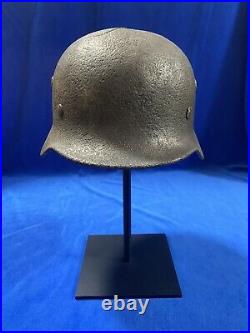 German WWII Battle Cracked M40 Helmet With Steel Display Stand