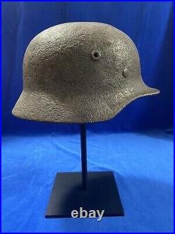 German WWII Battle Cracked M40 Helmet With Steel Display Stand