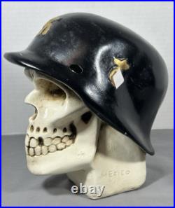 Vintage Chalkware Skull Hand Painted Bank Rare WWII German Helmet Mexico READ Vintage Chalkware Skull Hand Painted Bank Rare WWII German Helmet Mexico READ