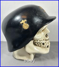 Vintage Chalkware Skull Hand Painted Bank Rare WWII German Helmet Mexico READ Vintage Chalkware Skull Hand Painted Bank Rare WWII German Helmet Mexico READ