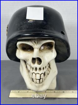 Vintage Chalkware Skull Hand Painted Bank Rare WWII German Helmet Mexico READ Vintage Chalkware Skull Hand Painted Bank Rare WWII German Helmet Mexico READ