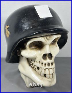 Vintage Chalkware Skull WWII German Helmet Hand Painted Bank Rare Mexico READ