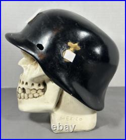 Vintage Chalkware Skull WWII German Helmet Hand Painted Bank Rare Mexico READ