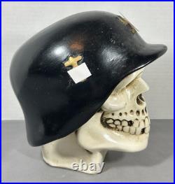 Vintage Chalkware Skull WWII German Helmet Hand Painted Bank Rare Mexico READ