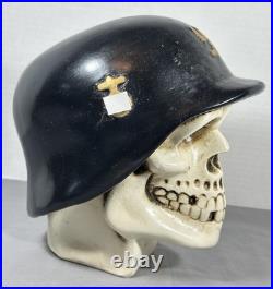 Vintage Chalkware Skull WWII German Helmet Hand Painted Bank Rare Mexico READ