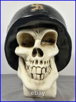 Vintage Chalkware Skull WWII German Helmet Hand Painted Bank Rare Mexico READ