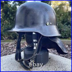 Vintage WWII Era German Fireman Fire Fighter Helmet M42 Leather Neck Protector