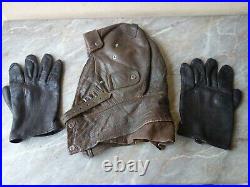 Vtg Rare Ww2 Wwii German Luftwaffe Aviator Pilot Leather Flight Helmet & Gloves