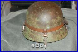 WORLD WAR 2 GERMAN COMBAT HELMET with Leather Camo Strap and Breadbasket strap