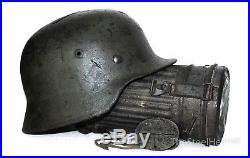 WW2 German Helmet M40 Size 64 with Dog Tag & Gas Mask Canister. Relic Rare