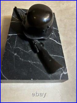 WW2 German Helmet Rifle Bronze Paperweight Presentation Marble Base Circa 1942