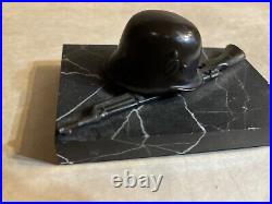 WW2 German Helmet Rifle Bronze Paperweight Presentation Marble Base Circa 1942