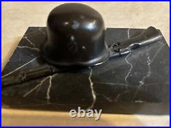 WW2 German Helmet Rifle Bronze Paperweight Presentation Marble Base Circa 1942