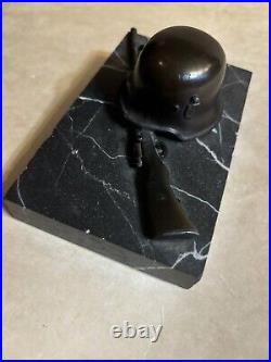 WW2 German Helmet Rifle Bronze Paperweight Presentation Marble Base Circa 1942