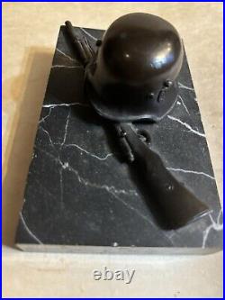 WW2 German Helmet Rifle Bronze Paperweight Presentation Marble Base Circa 1942