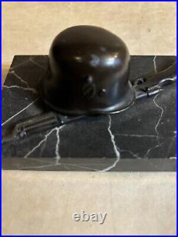 WW2 German Helmet Rifle Bronze Paperweight Presentation Marble Base Circa 1942