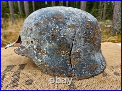 WW2 ORIGINAL GERMAN M35 ET66 WINTER CAMO BATTLEDAMAGED HELMET RELIC from KURLAND WW2 ORIGINAL GERMAN M35 ET66 WINTER CAMO BATTLEDAMAGED HELMET RELIC from KURLAND