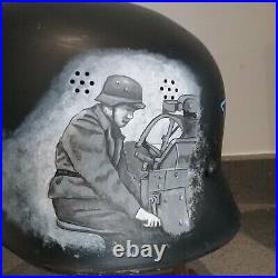 WW2 repainted German Helmet with various scenes