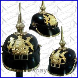 WWI WWII German Pickelhaube Long Spiked Helmet Black Leather Prussian Helmet