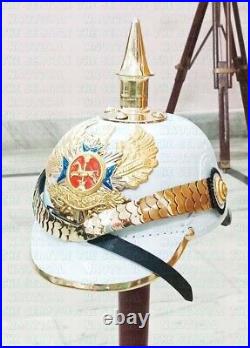 WWI WWII Imperial Prussian Spike German Pickelhaube Eagle White Leather Helmet