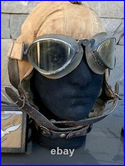 WWII German Luftwaffe flight helmet with goggles and throat mic