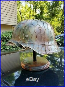 WWII German M42 Helmet Normandy Camo & Wire Repro + Helmet Display Stand