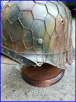 WWII German M42 Helmet Normandy Camo & Wire Repro + Helmet Display Stand